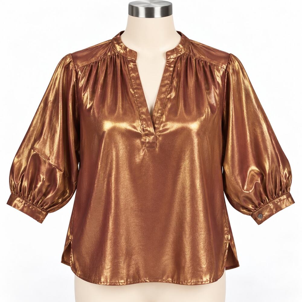 Anthropologie Metallic Bronze Shimmer Blouse Women's XL Puff Sleeve Tunic